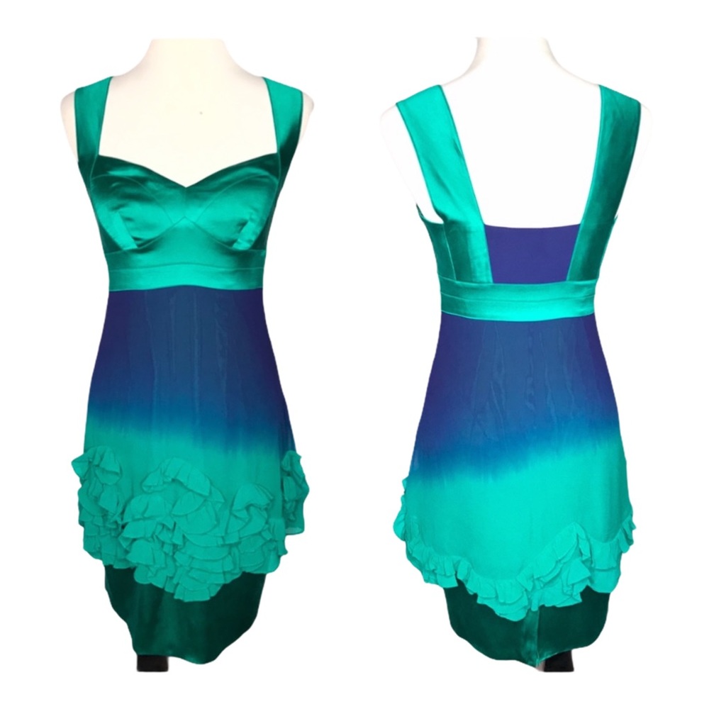 Karen Millen Green Blue Silk Party Cocktail Dress Size 6